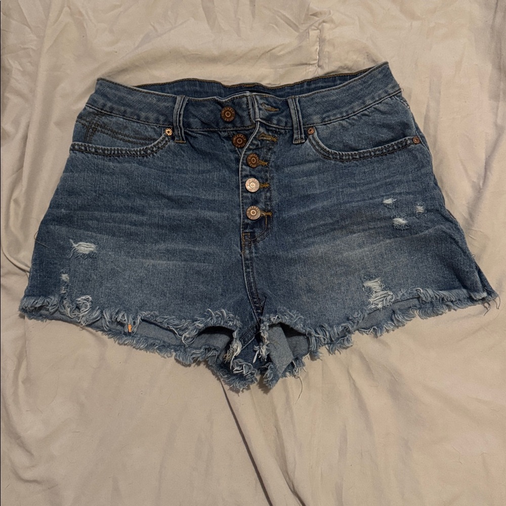 Distressed Denim Shorts with Button Fly